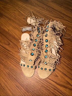 Fringe Gladiator Sandals with Turquoise Studs - Tan